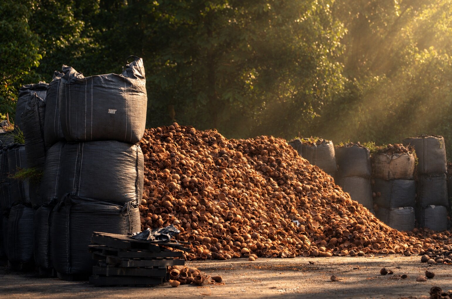 Coconut shells transitioning into granulated charcoal and carbon
